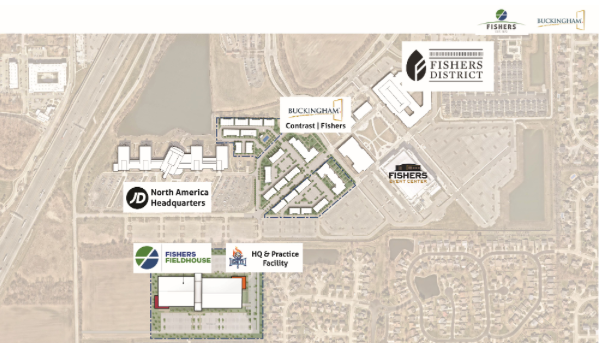 Aerial map of the Fishers District expansion showing the JD North America headquarters, Fishers Fieldhouse, and the new Indy Ignite HQ & Practice Facility. Image courtesy the City of Fishers, Indiana. 