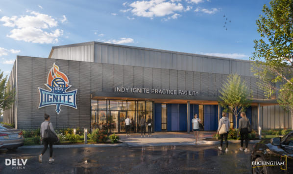 Rendering of the proposed new headquarters and practice facility for the Indy Ignite, the city's professional (MLV) women's volleyball team. Image provided by Buckingham Companies, for illustrative purposes only.